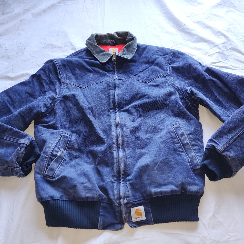 VTG CARHARTT SANTA FE RED LINED DUCK CANVAS WORKWEAR DESTROYED JACKET SIZE LARGE